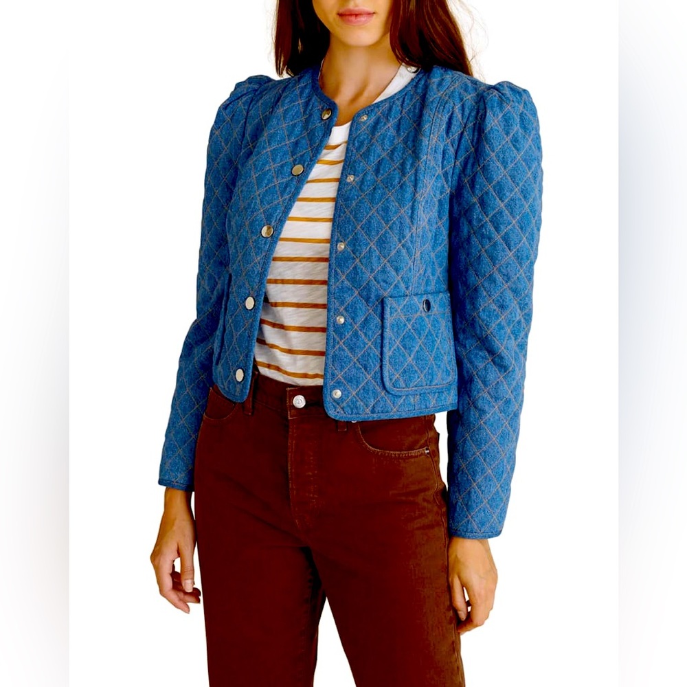 Veronica Beard Camilla Quilted Puff Sleeves Cropped Denim Jacket Cali Cool S